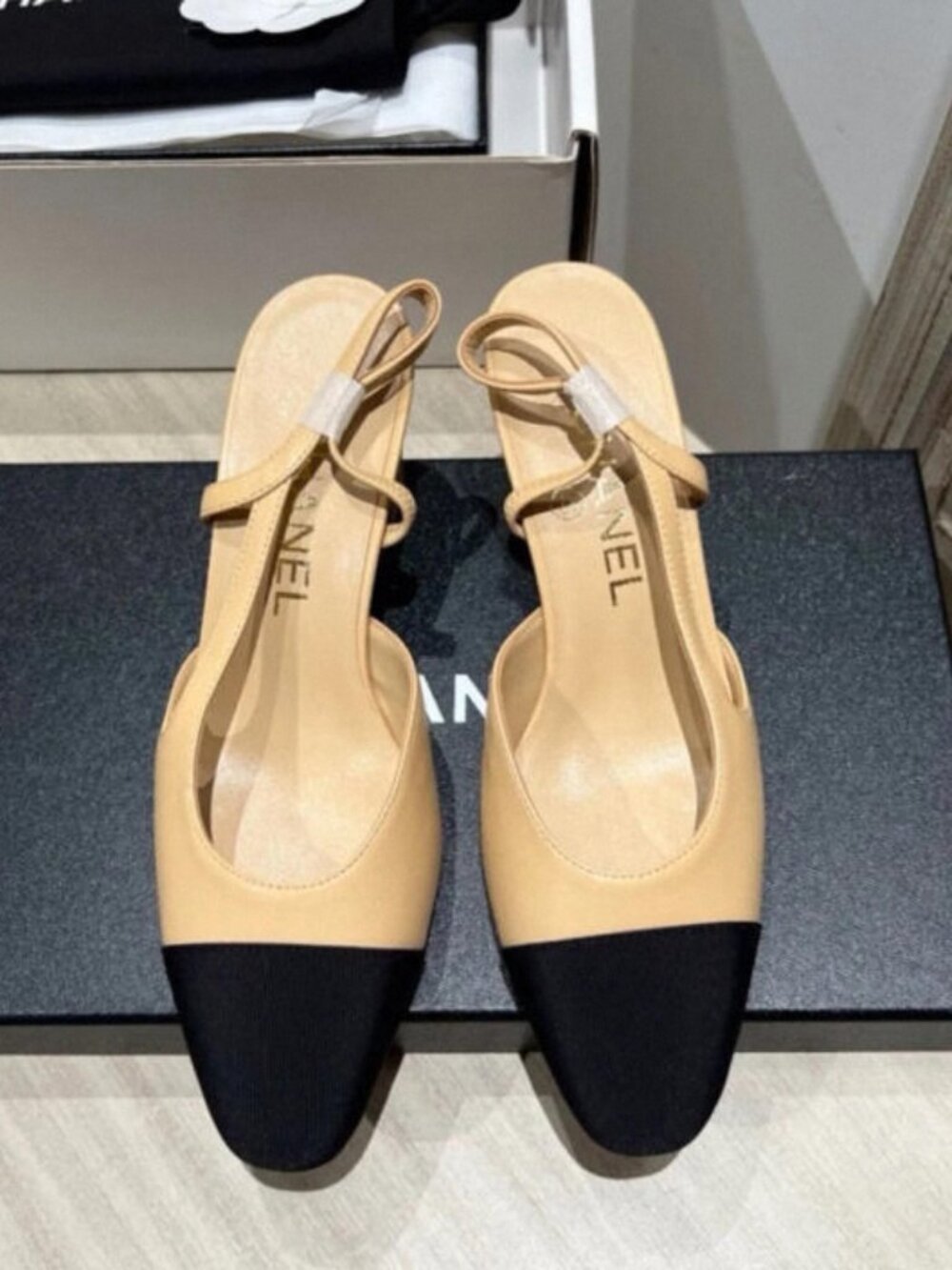 CHANEL Beige & Black Slingback Pumps – with Original Box